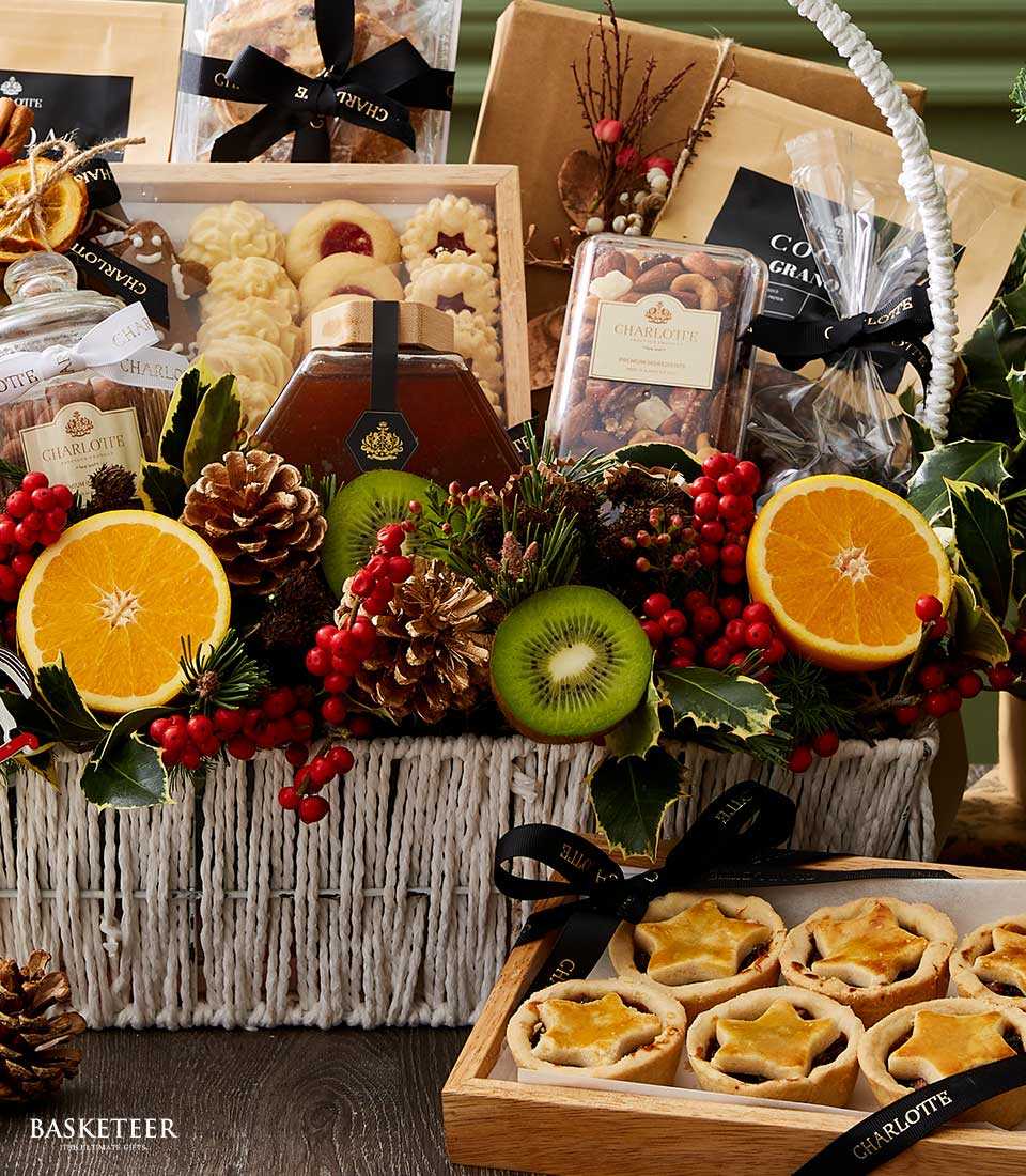 Luxury Yuletide Treats Hamper with gourmet honey, artisan cookies, and festive pine and berry garnish