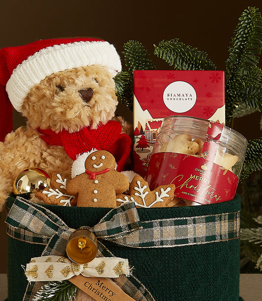 Brown teddy bear in Santa hat and scarf with gingerbread cookies, chocolate, and festive treats in dark green Christmas gift