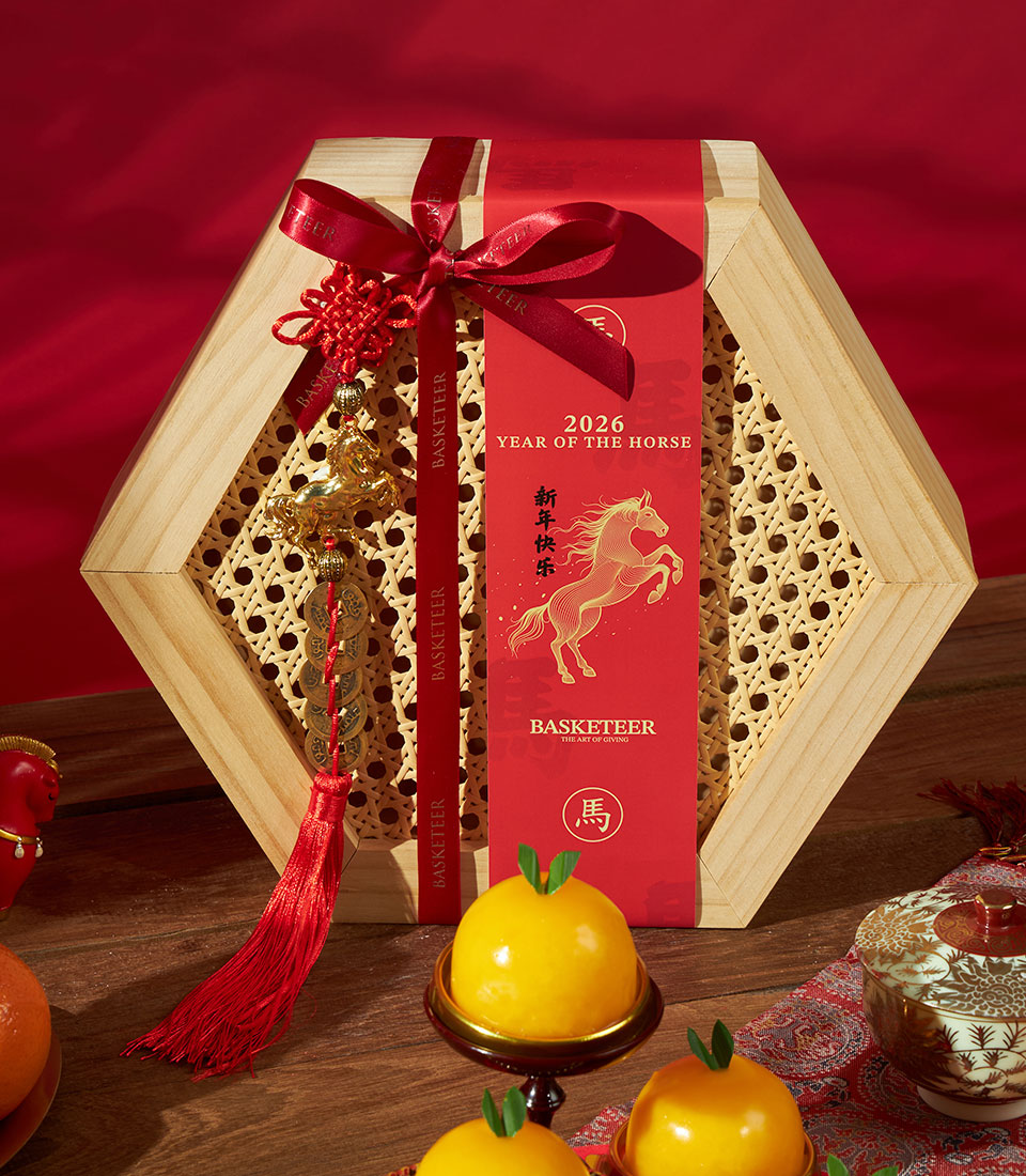 Hexagonal wooden gift box with Mandarin & Creamy Mandarin Cake set, red satin ribbon, gold horse charm, Year of the Horse