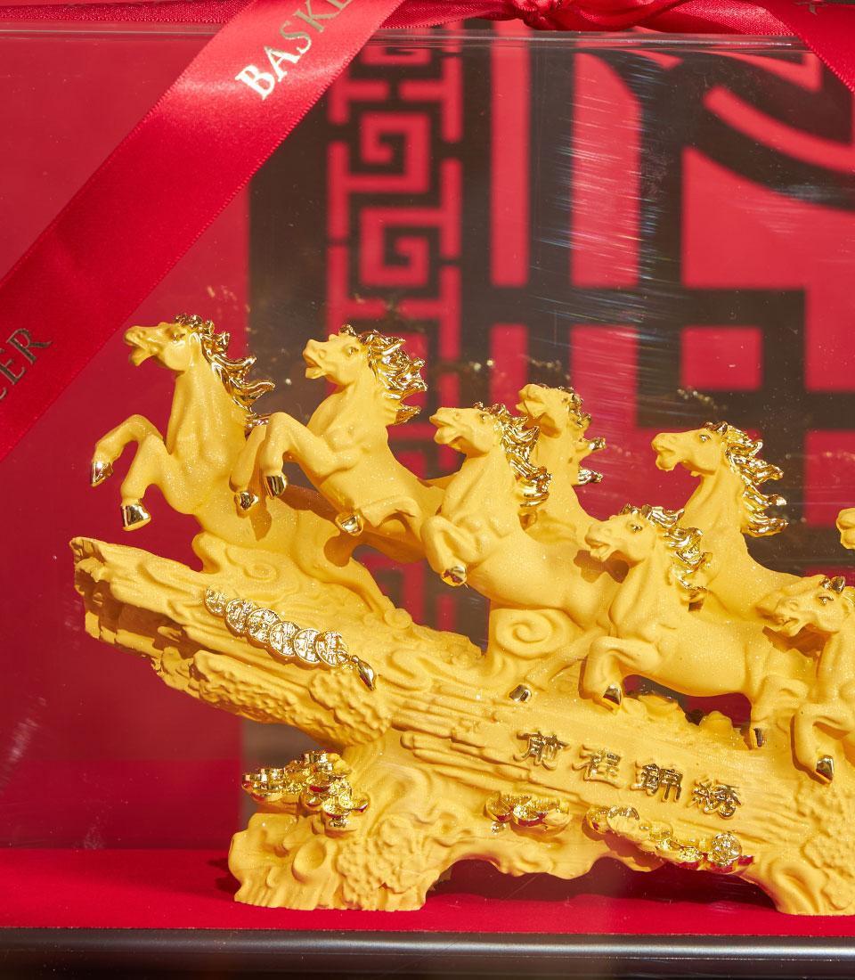 Golden Eight Horses sculpture with prosperity symbols, Chinese New Year luxury gift hamper