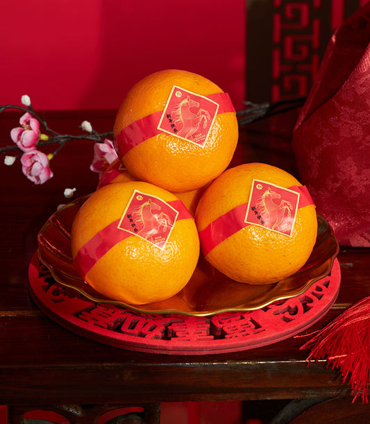 Premium mandarin oranges with red ribbons and golden horse sticker on red decorative mat, Chinese New Year gift set