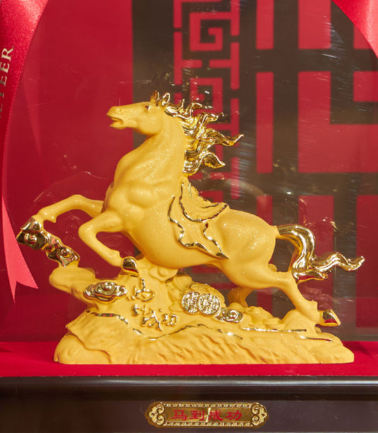 Golden rearing horse sculpture with cloud base and Chinese coins, Chinese New Year luxury gift in display box
