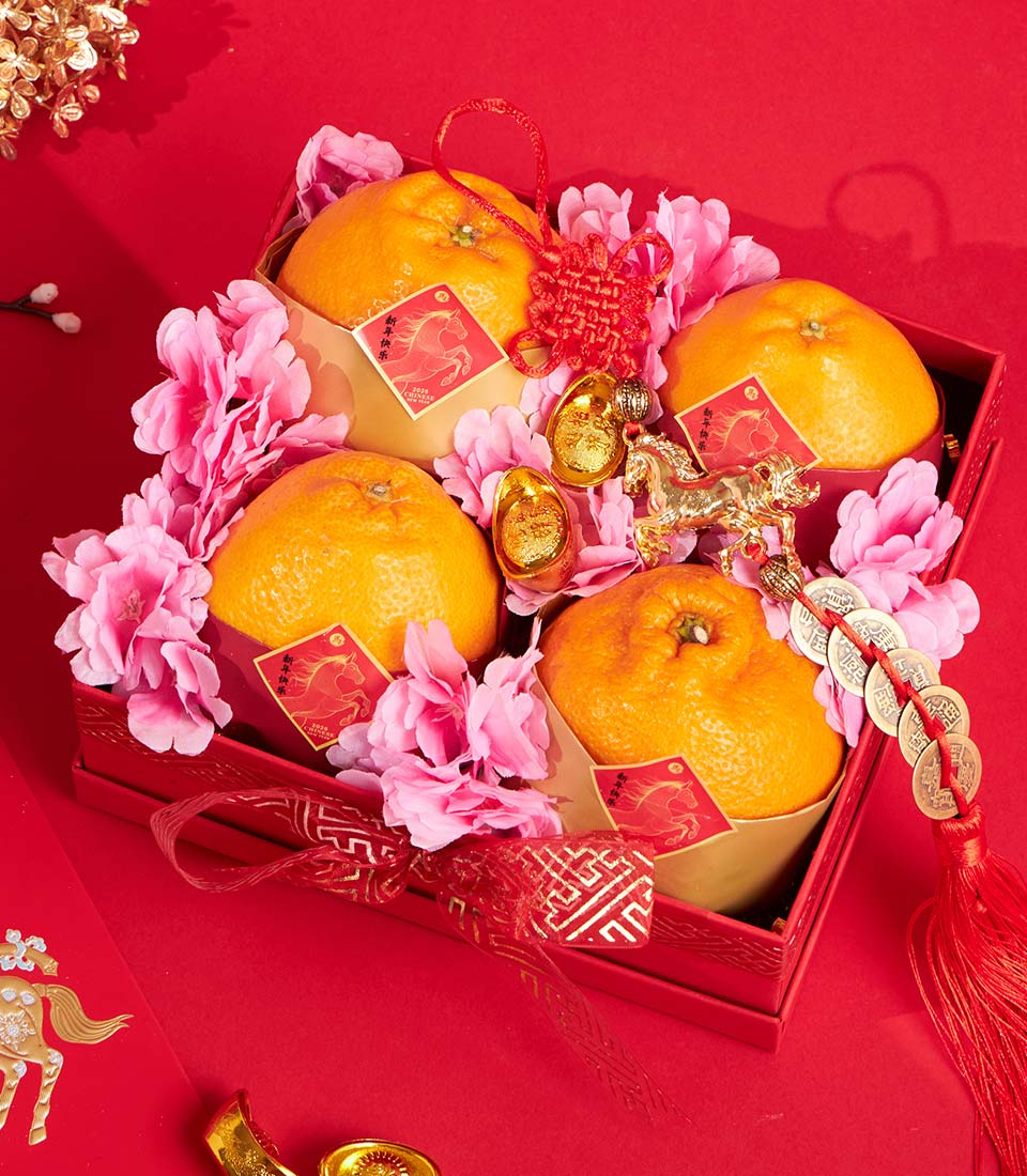 Premium Dekopon orange gift box with pink florals, red Chinese knot, and gold coins for Chinese New Year