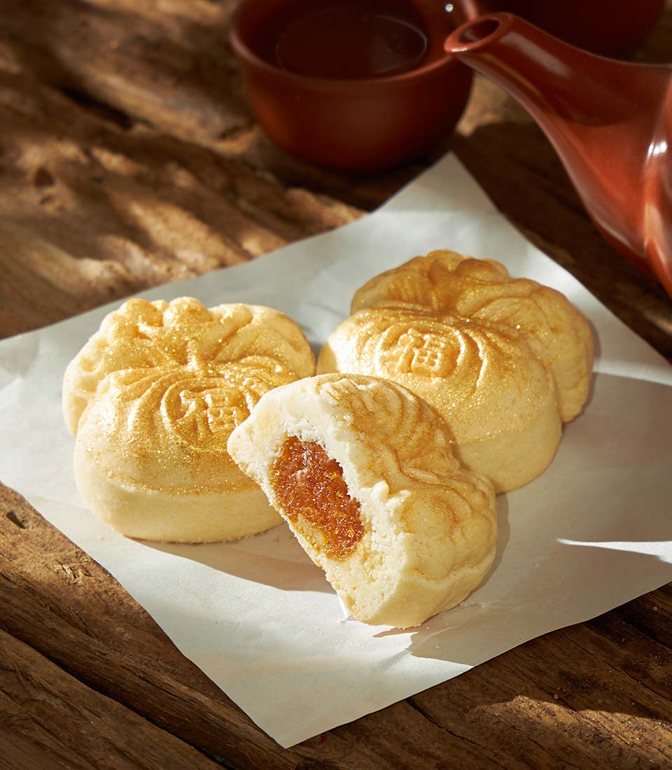 Golden pineapple tarts with fortune character and orange filling, Chinese New Year gift box
