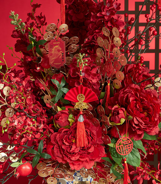 A luxurious Basketeer Chinese New Year gift: a stunning red peony and gold coin floral arrangement, perfect for premium hamper delivery in Thailand.