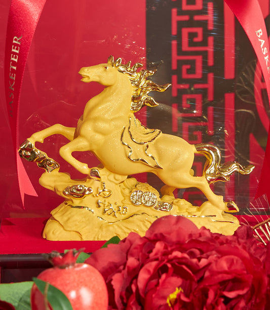 Golden horse figurine with Chinese prosperity symbols and red peonies, Chinese New Year luxury gift arrangement