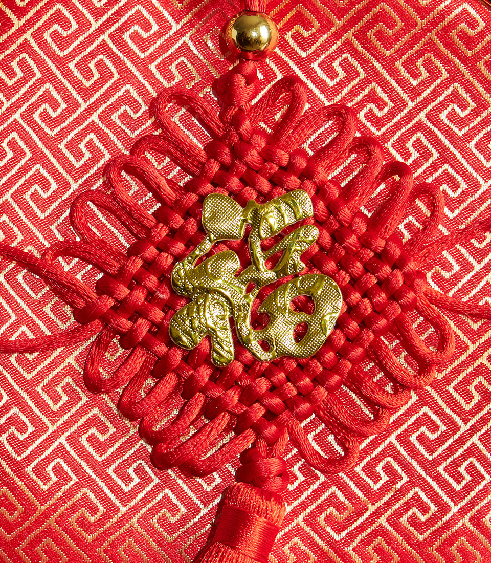 Red Chinese New Year knot with fortune charm and mandarin orange gift set