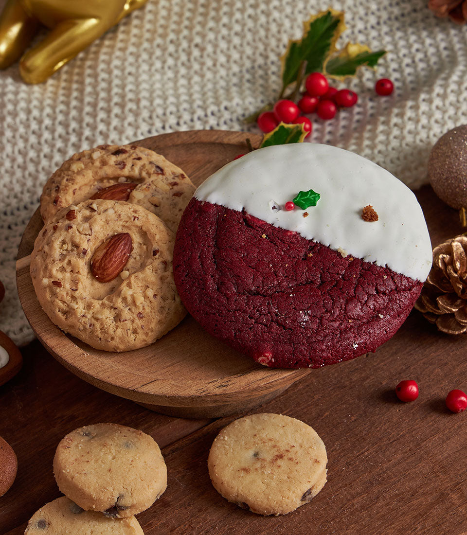 Festive Basketeer cookies! Almond cookies, chocolate chip cookies, and red velvet cookies with white icing, a sweet premium gift from Bangkok.