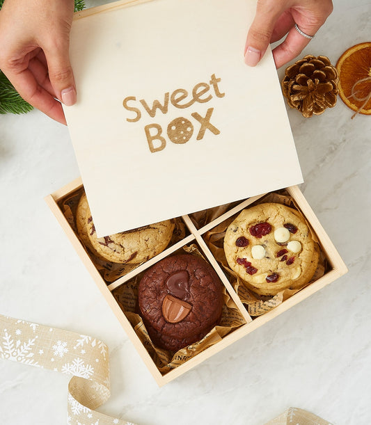 Wooden Sweet Box with four artisan cookies including chocolate chip and cranberry white chocolate varieties, tied with