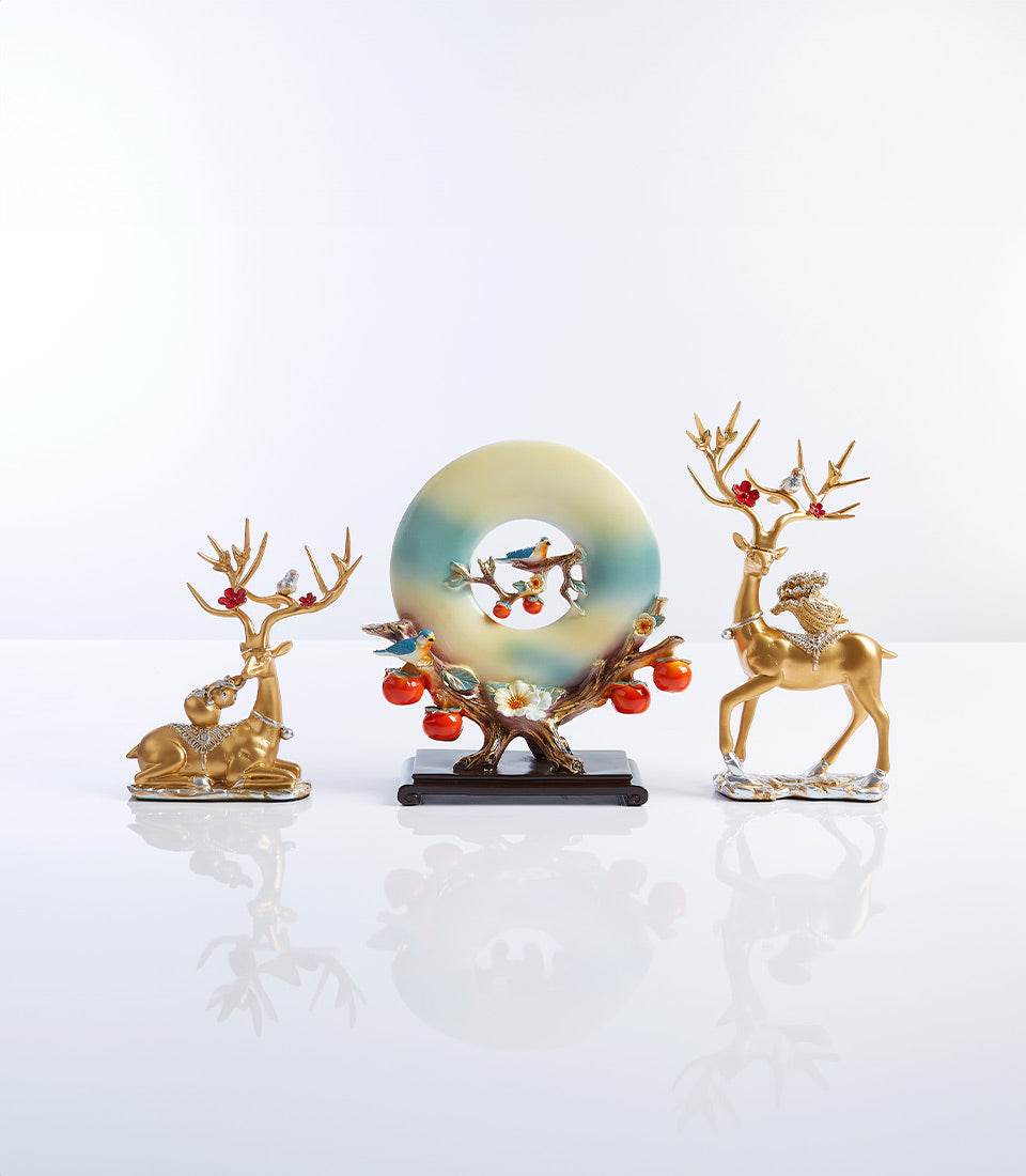 Hand-painted persimmon tree new home gift set with golden deer figurines and ceramic ornament