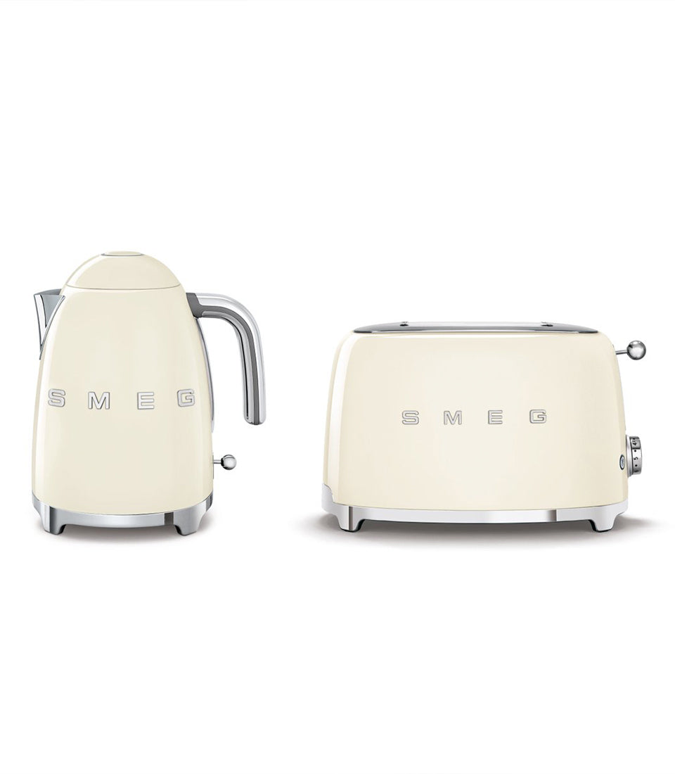 Cream SMEG retro kettle and toaster set with chrome accents for new home gifting