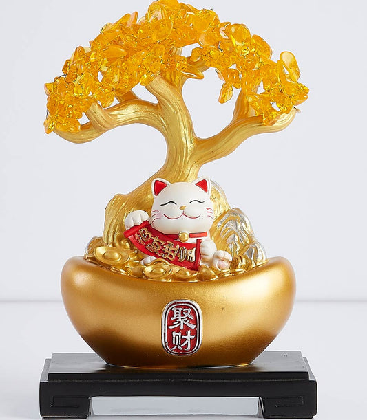 Golden Maneki-neko money tree with crystalline leaves in Chinese ingot pot, luxury wealth figurine gift