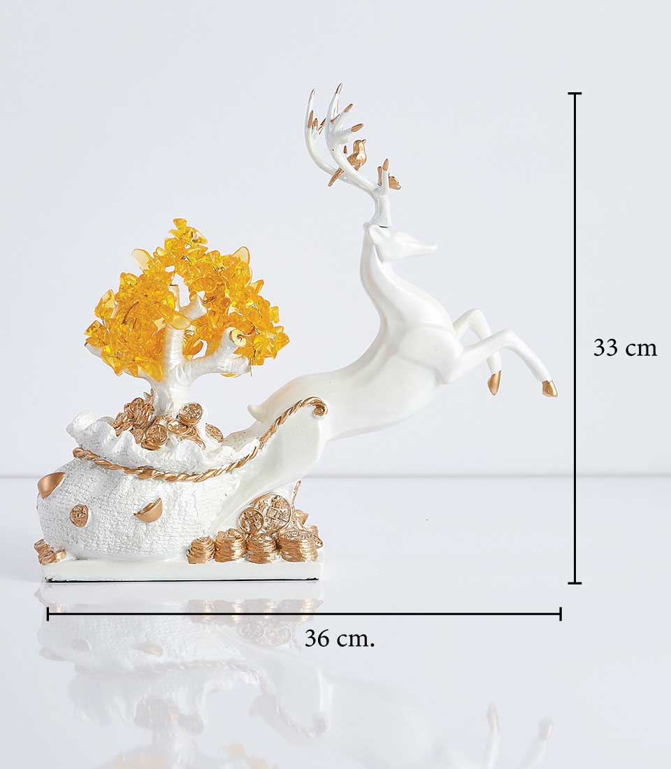 Feng Shui lucky deer figurine with golden accents, money tree, and crystal leaves for new home gifts