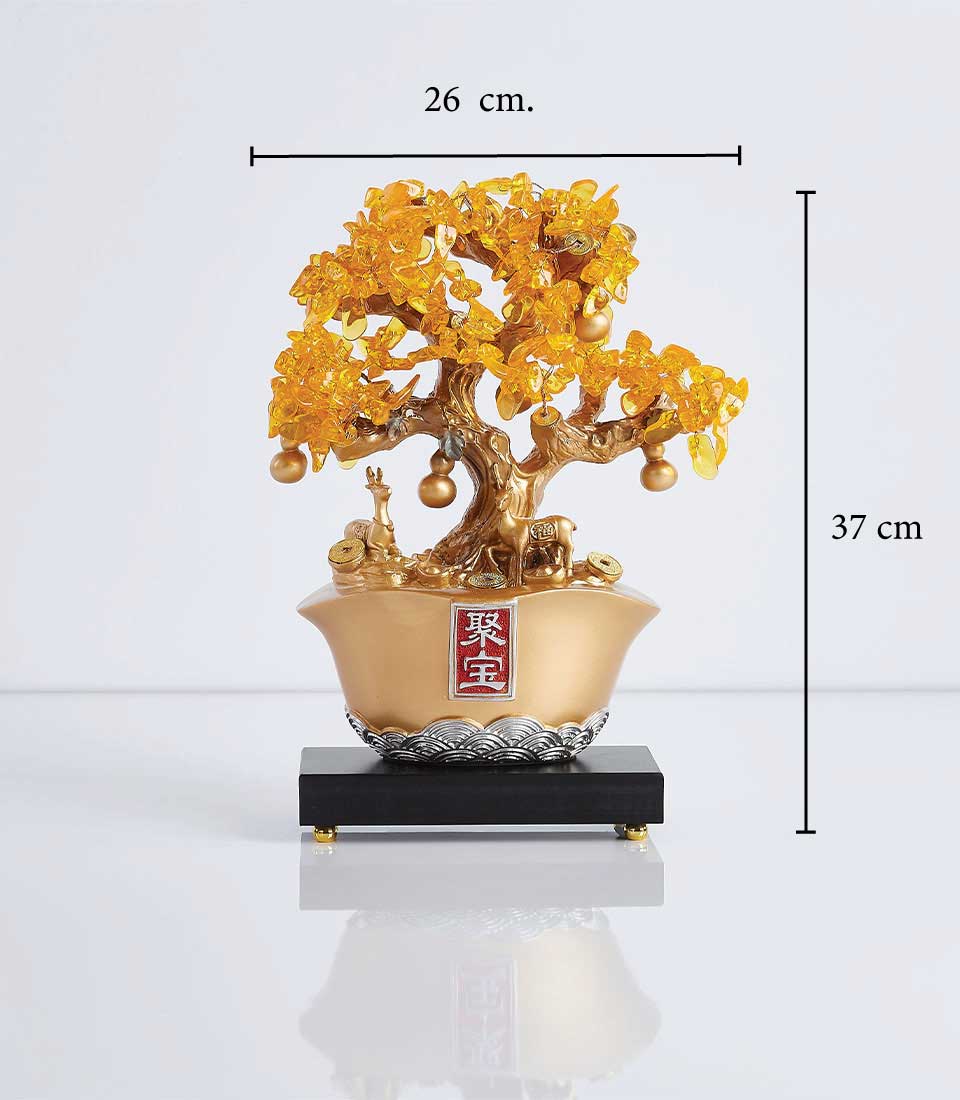 Golden lucky money tree with amber leaves, coin ornaments, and golden animal figurines in decorative pot, new home gift