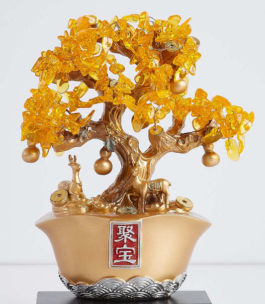Golden Lucky Money Tree with crystal leaves and coins in decorative pot with deer figurines