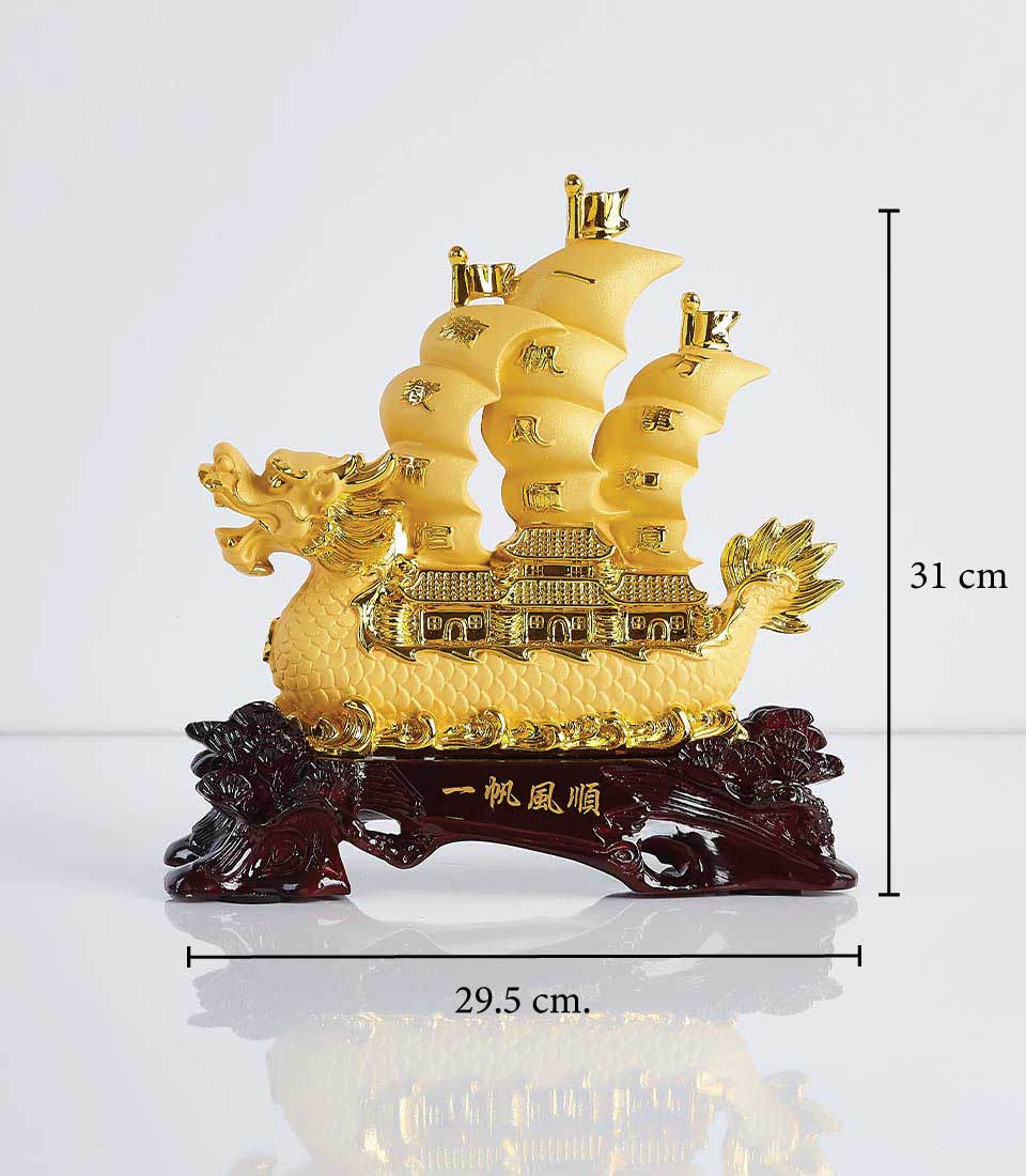 Golden dragon boat figurine with Chinese characters, prosperity symbol for new home gifting