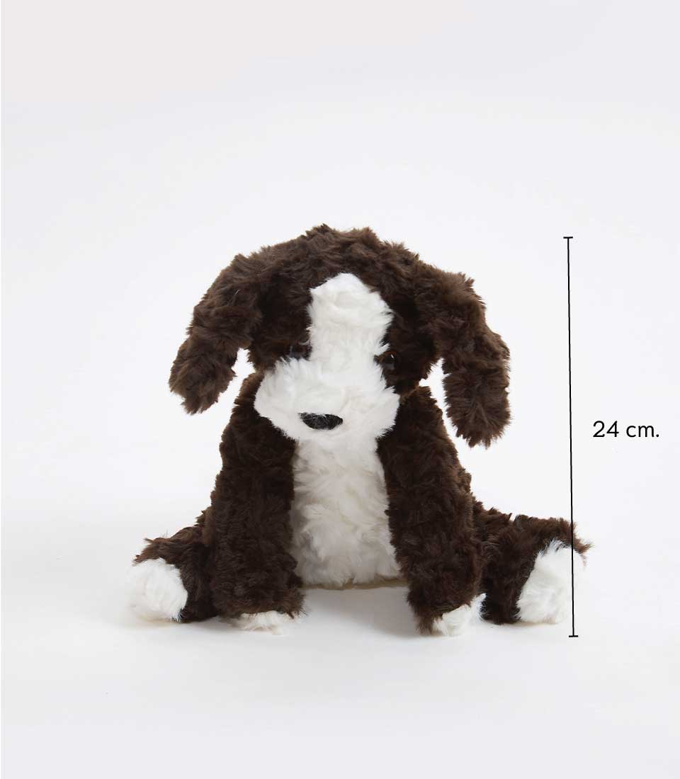 Brown and white plush puppy with floppy ears, 24 cm soft toy for babies and kids