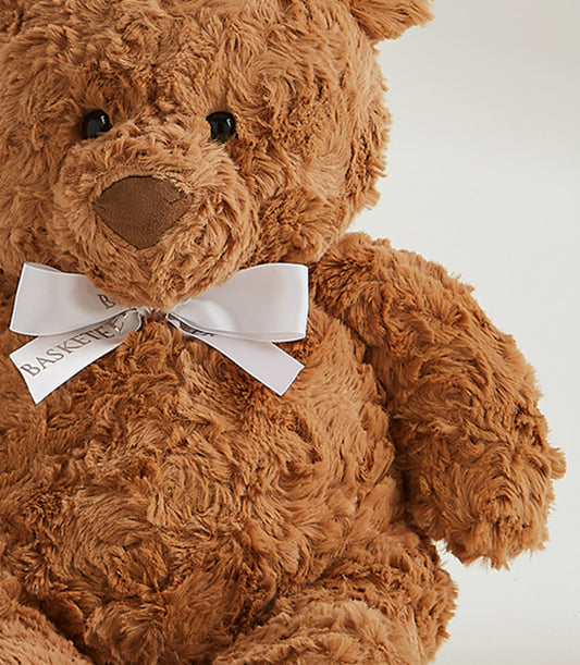 Brown teddy bear with satin ribbon bow, Valentine's gift hamper companion