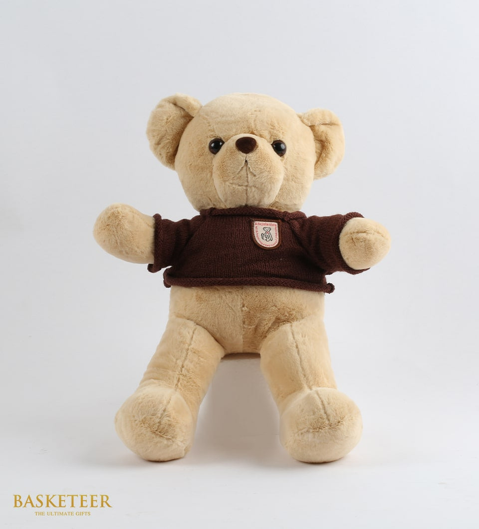 Light brown teddy bear in dark knitted sweater with chest patch, sitting against white background