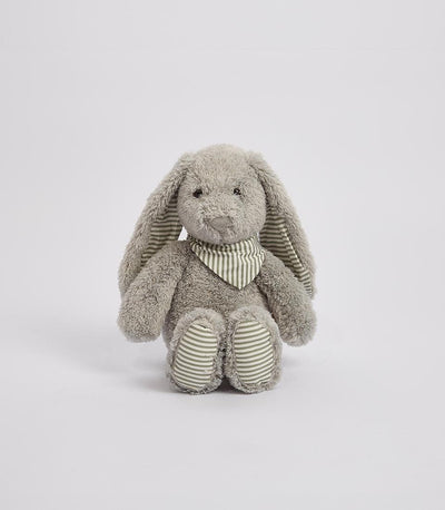 Basketeer: Cuddly gray plush bunny, a perfect addition to a luxury baby gift hamper delivered in Bangkok. Green striped accents add a playful touch.