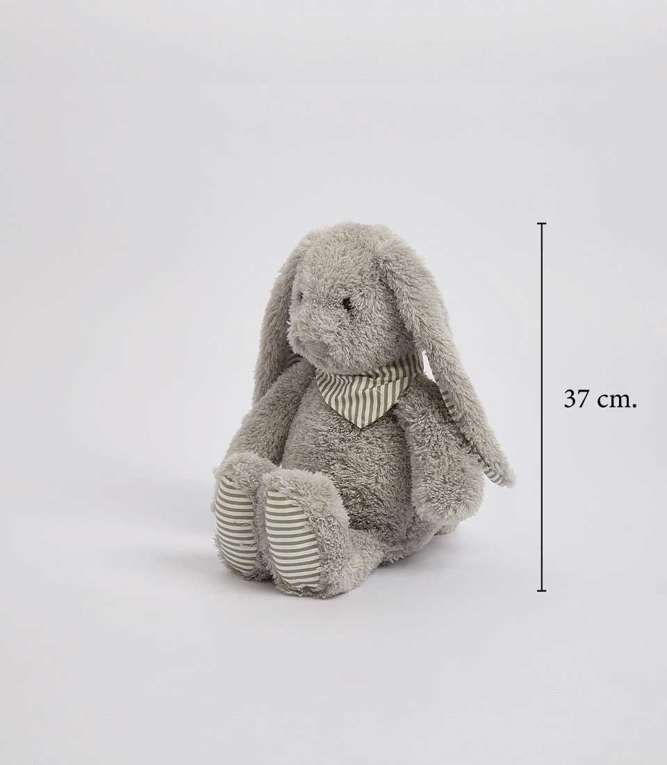 Soft, cuddly gray plush bunny toy with striped scarf. Perfect for a Basketeer baby gift in Bangkok.