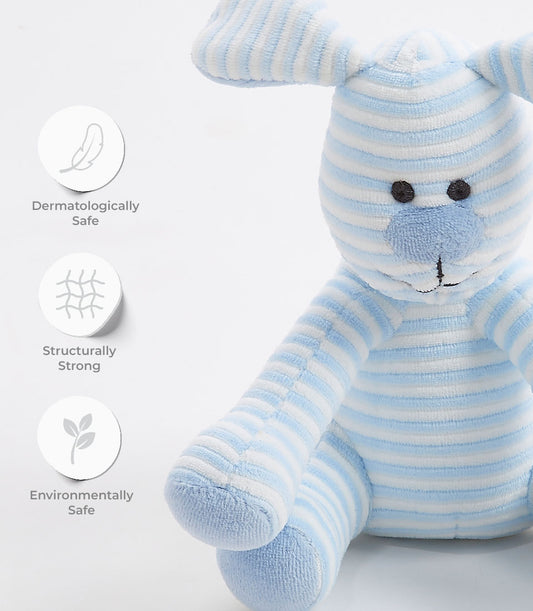 Soft blue-striped puppy plush toy, a comforting addition to any Basketeer baby gift hamper. Premium plush for same-day gift delivery in Bangkok.