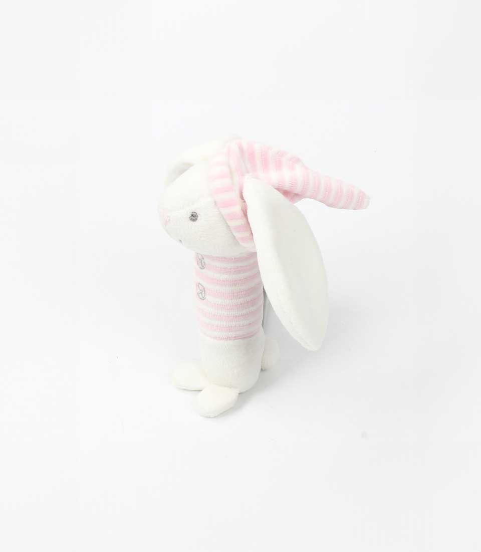 Basketeer: Plush bunny rattle, a sweet addition to a luxury baby gift hamper. White and pink stripes, destined for cuddles. Premium gift delivery in Thailand.