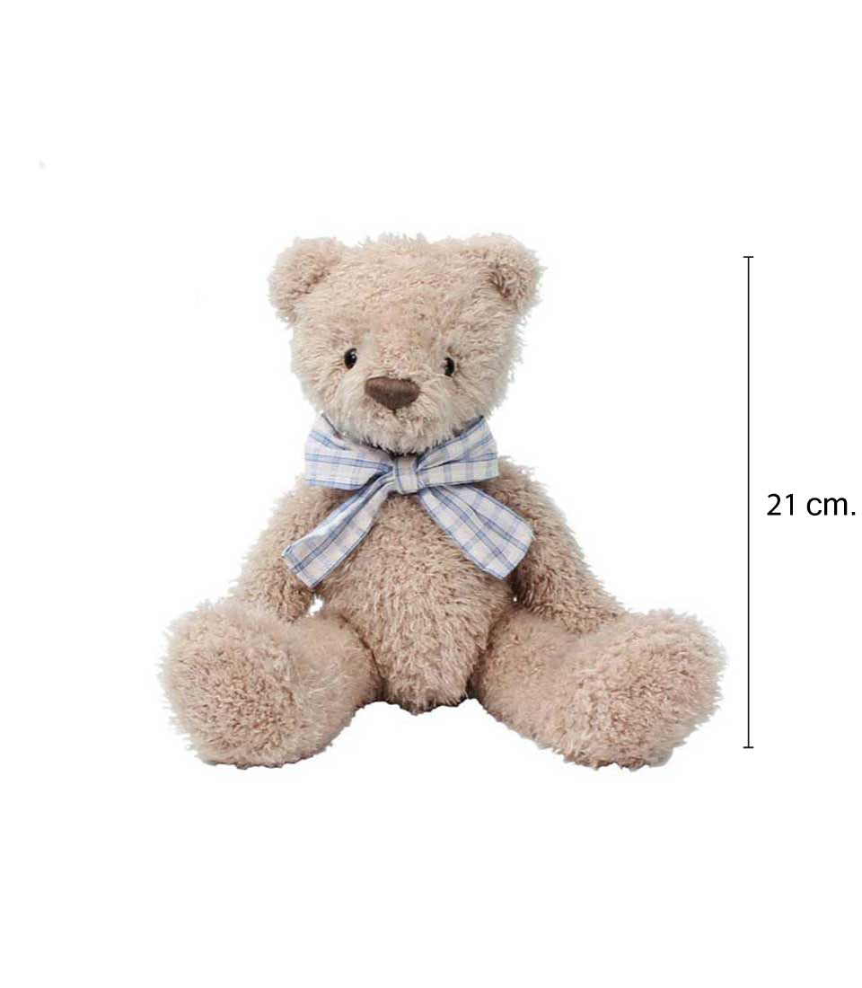 Basketeer: Soft, tan teddy bear with a blue plaid bow. A warm and classic touch to any luxury gift basket Bangkok or premium hamper delivery in Thailand.