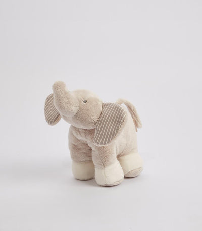 Plush gray elephant with striped ears and soft cream fabric for babies and toddlers