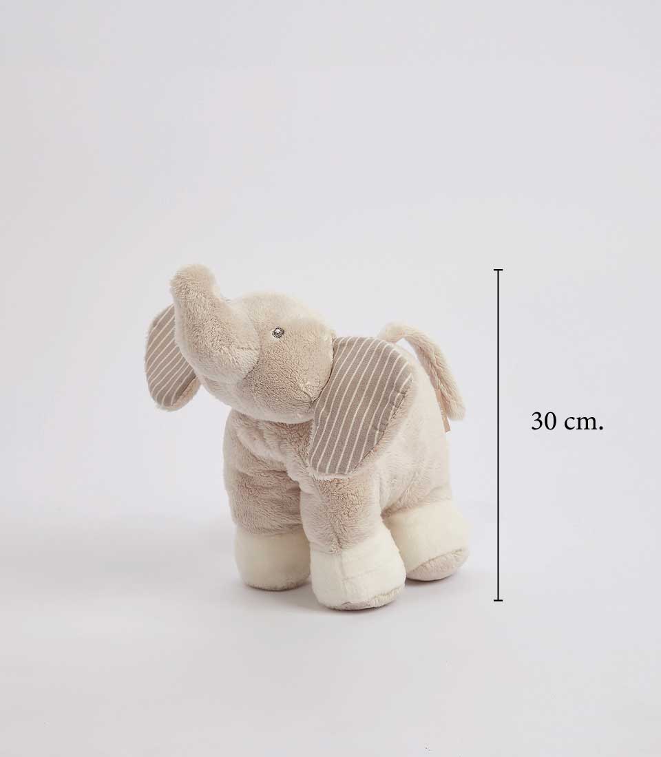 Plush gray elephant soft toy with striped ears, 30cm tall, cuddly gift for babies and kids