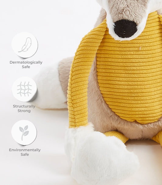 A Basketeer plush fox toy in yellow corduroy and soft gray fur. A thoughtful gift for little ones, perfect for our premium Bangkok hamper delivery.