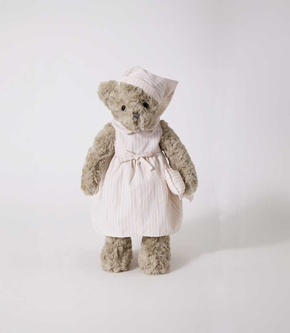 Cream and tan striped teddy bear with matching bonnet hat and pouch, 42 cm soft toy gift add-on