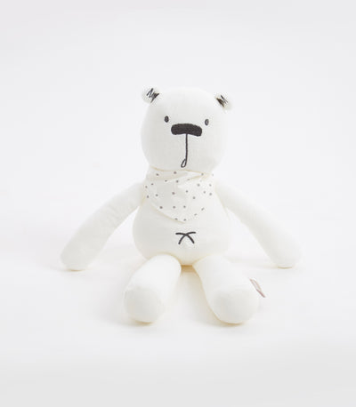 Cuddly white teddy bear with star-print scarf for children and babies