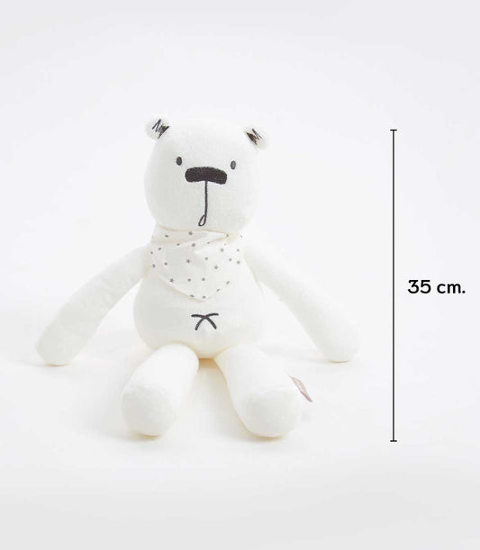Soft white plush teddy bear with star bandana, newborn gift hamper keepsake