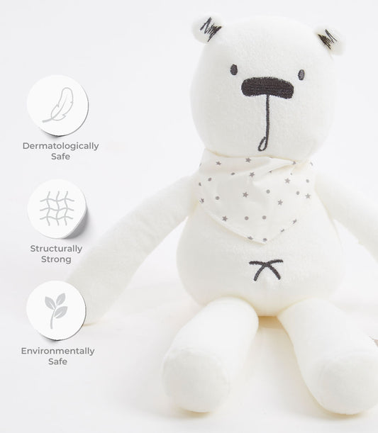 Soft white plush teddy bear with star-patterned scarf, dermatologically safe for babies and kids