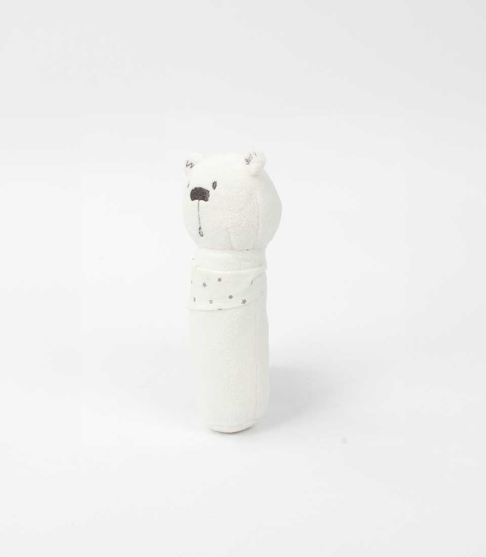 Soft white plush bear baby rattle with star-patterned collar and embroidered details