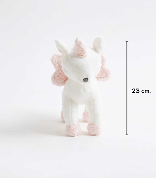 Soft white plush unicorn toy with pink wings and horn, 23 cm tall, perfect for kids' birthday gifts