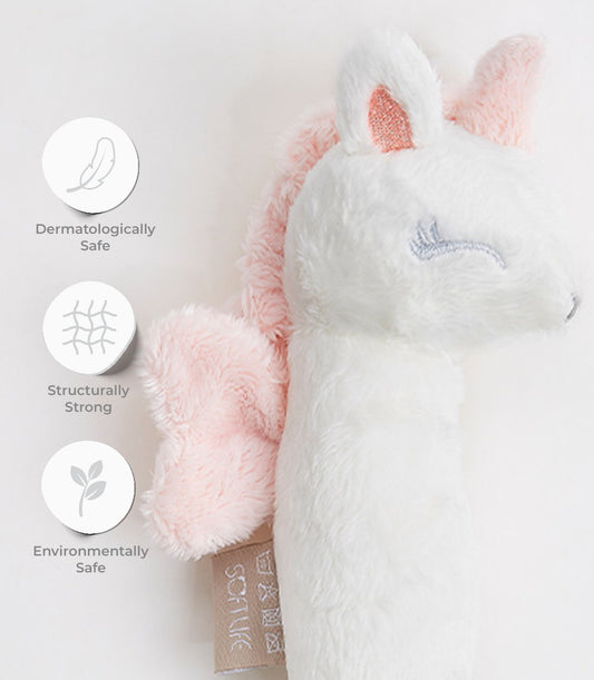 Soft white plush unicorn toy with pink mane and ears, dermatologically safe cuddly bolster for babies and kids
