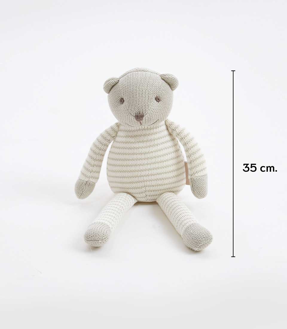 Gray and white striped knitted teddy bear, 35cm soft toy for babies and kids
