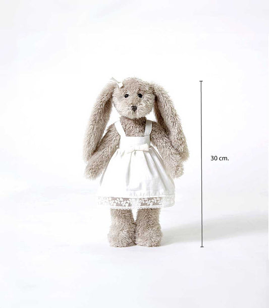 Soft brown plush rabbit toy in white lace dress, perfect newborn and baby girl welcome gift