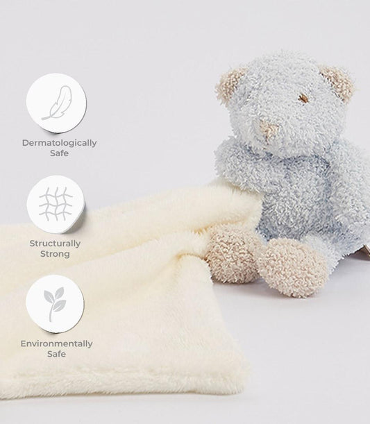Soft light blue plush teddy bear with cream blanket gift set, dermatologically safe for babies and children