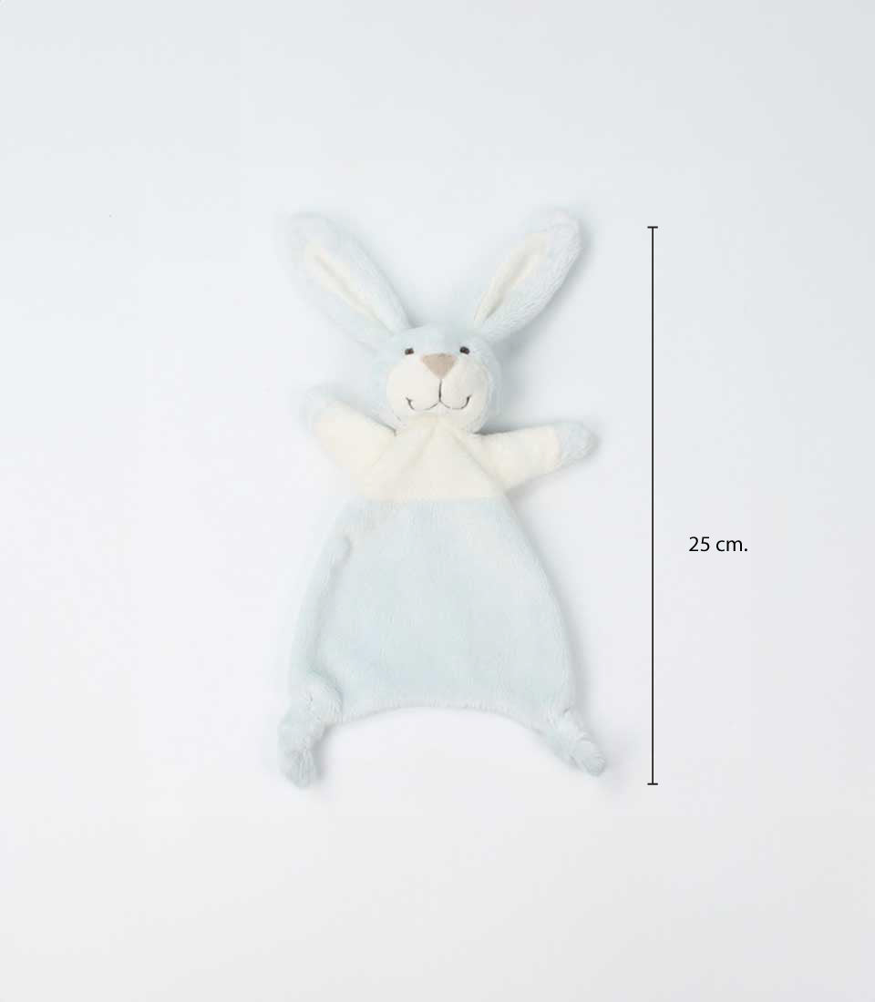 Soft plush cream and blue bunny comfort blanket for babies, 25 cm tall