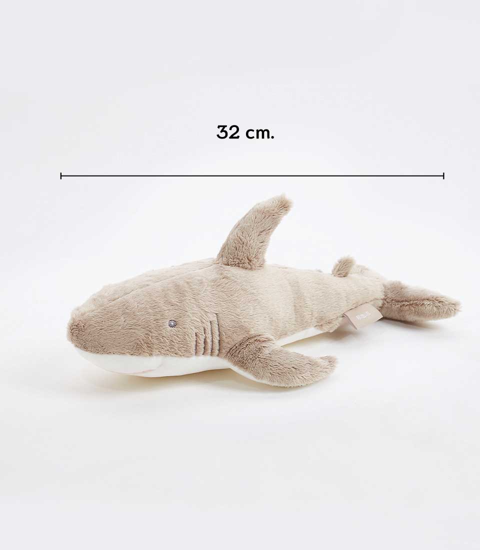 Soft plush shark toy 32cm with white belly and fuzzy beige exterior for kids
