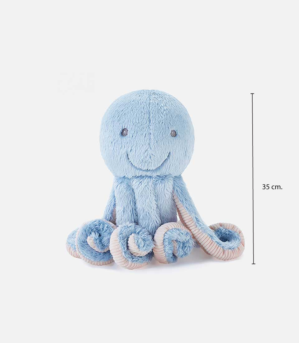 Soft blue plush octopus toy with pink tentacles, 35cm tall, perfect for babies and young children