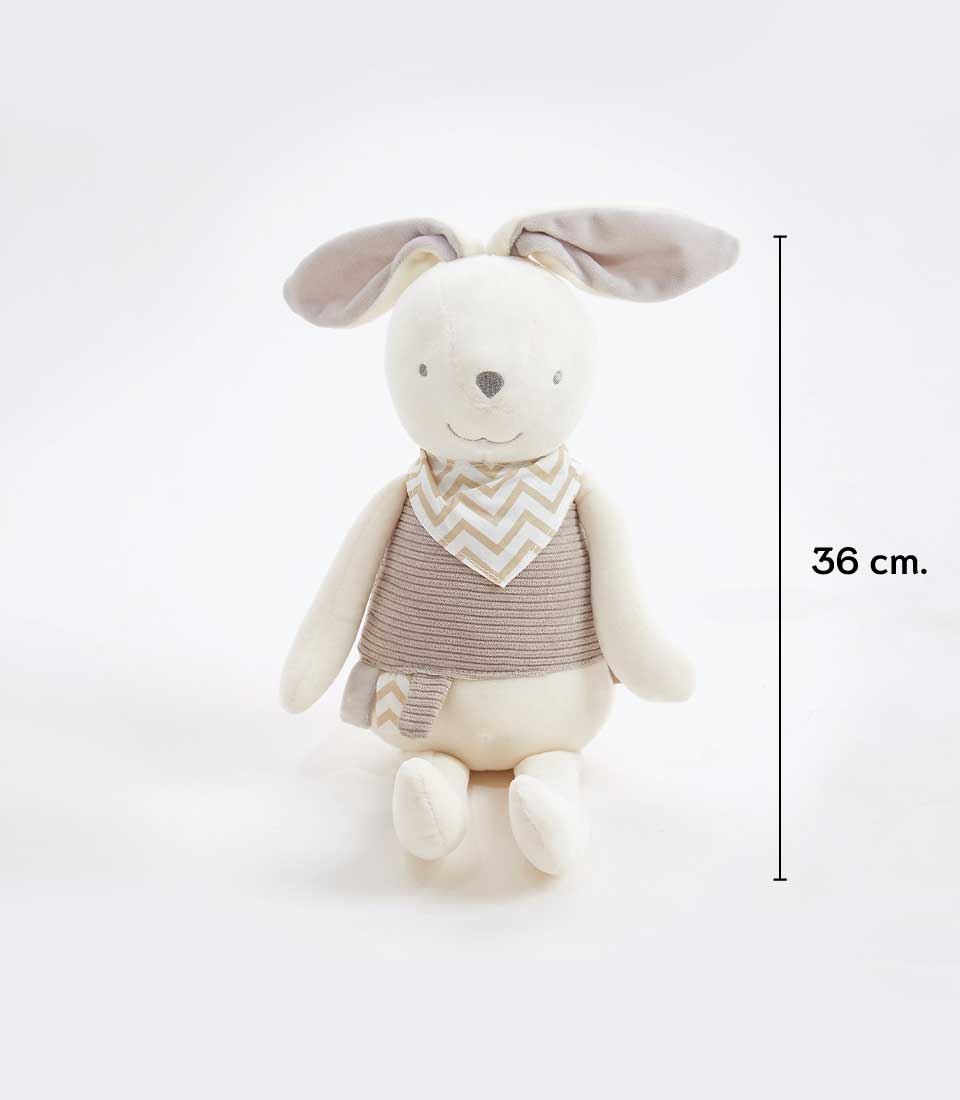 Soft gray and cream bunny plush toy with chevron bib, 36 cm height, ideal for babies and children