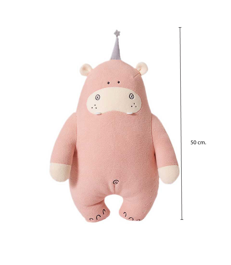 Soft pink plush hippo toy with party hat, 50cm tall, perfect for kids' gifts