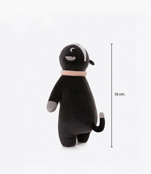 Black plush cat toy with white stripe and pink collar, 58cm soft toy for kids