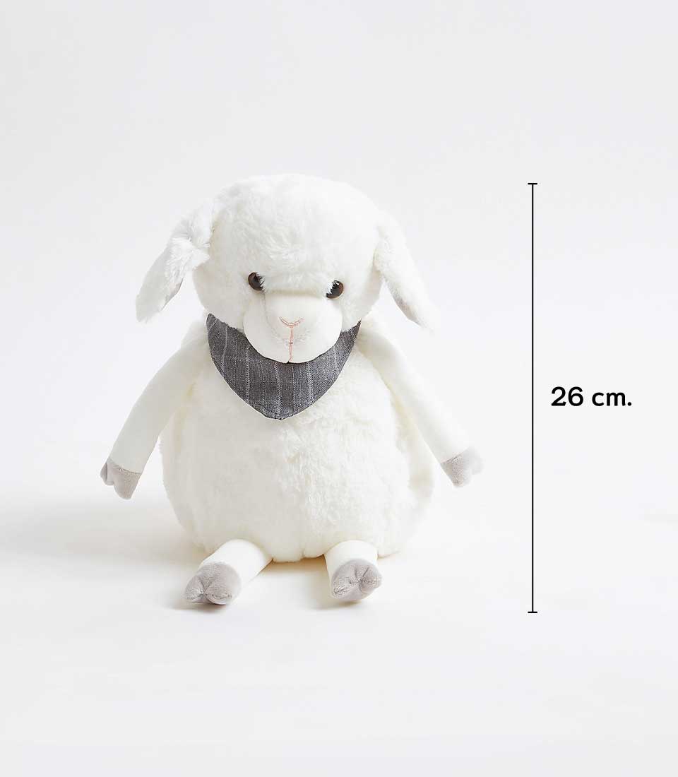Fluffy white plush sheep toy with embroidered details, grey plaid bandana, and floppy ears, 26cm height