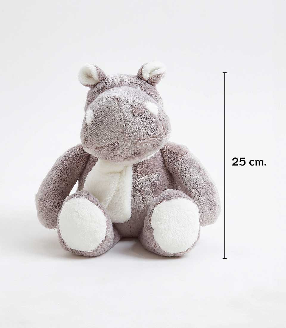 Soft grey plush hippo toy with white accents and scarf, 25cm tall