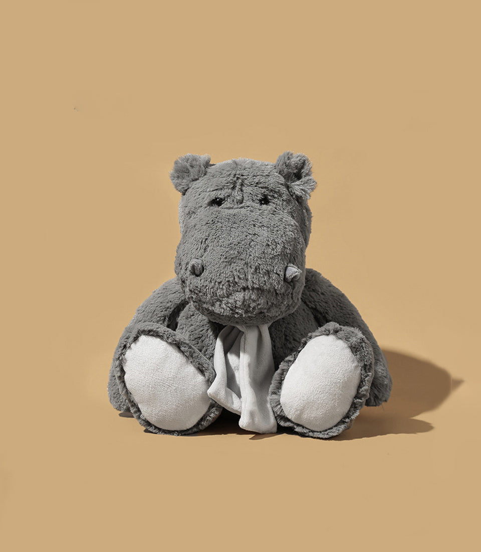 Soft grey plush hippo toy with light grey scarf, 25 cm seated cuddle companion